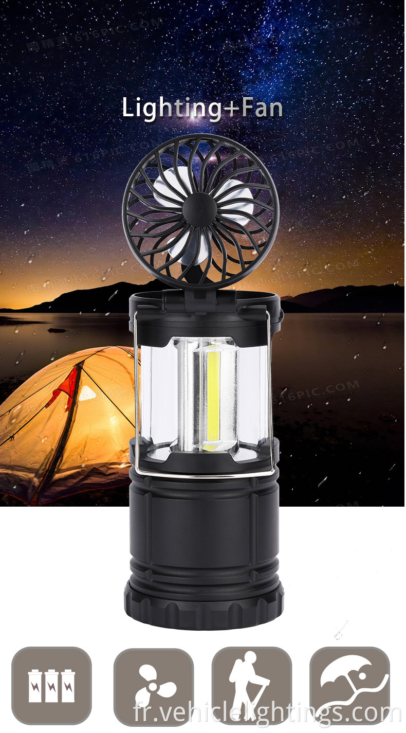 LED multi-fonction 2 en 1 lumière de camping rechargeable pliable pour lanterne de ventilateur de tente de camping d'urgence avec crochet suspendu